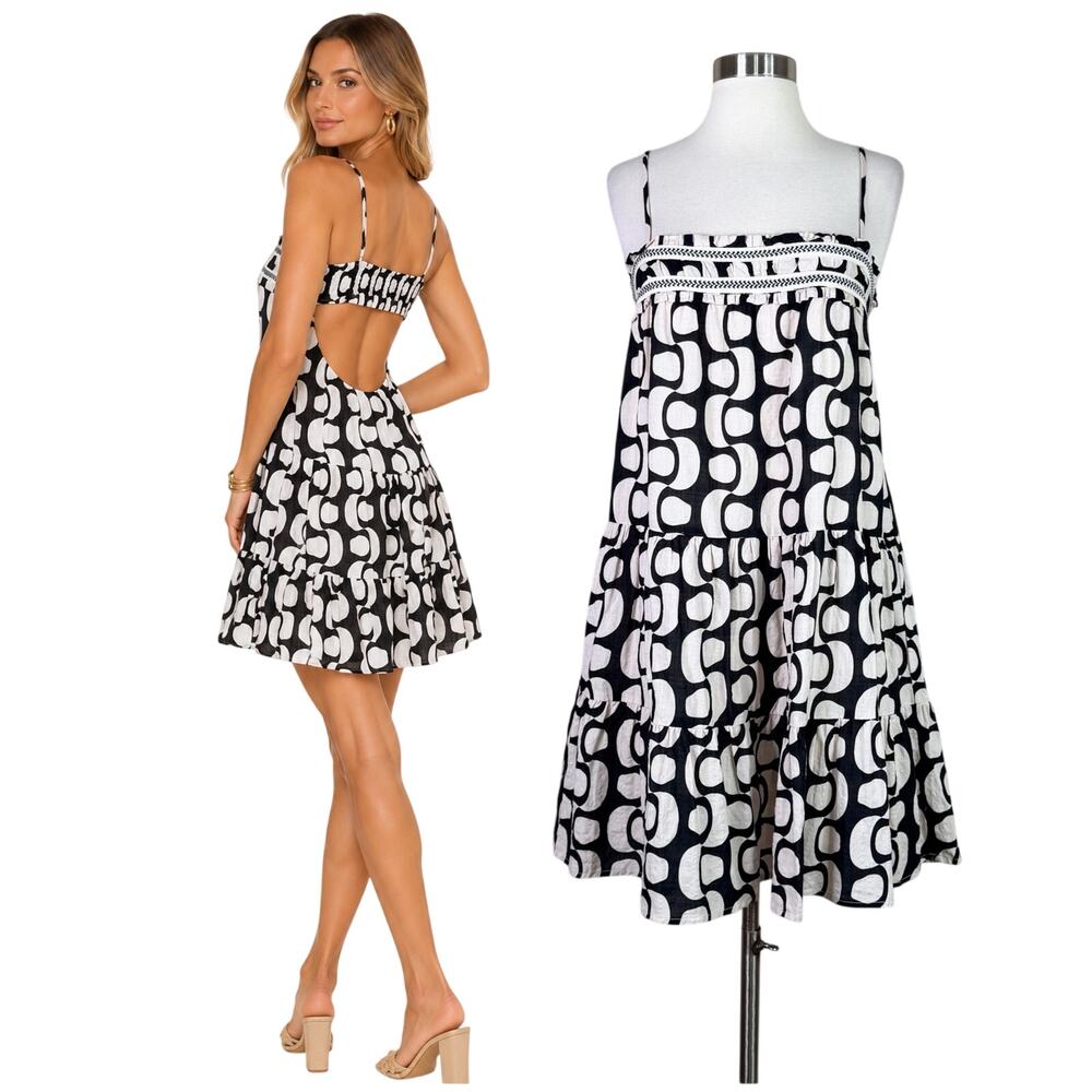Illa Illa | Geometric Black White Cutout Back Tiered Sundress Mini Dress Large
